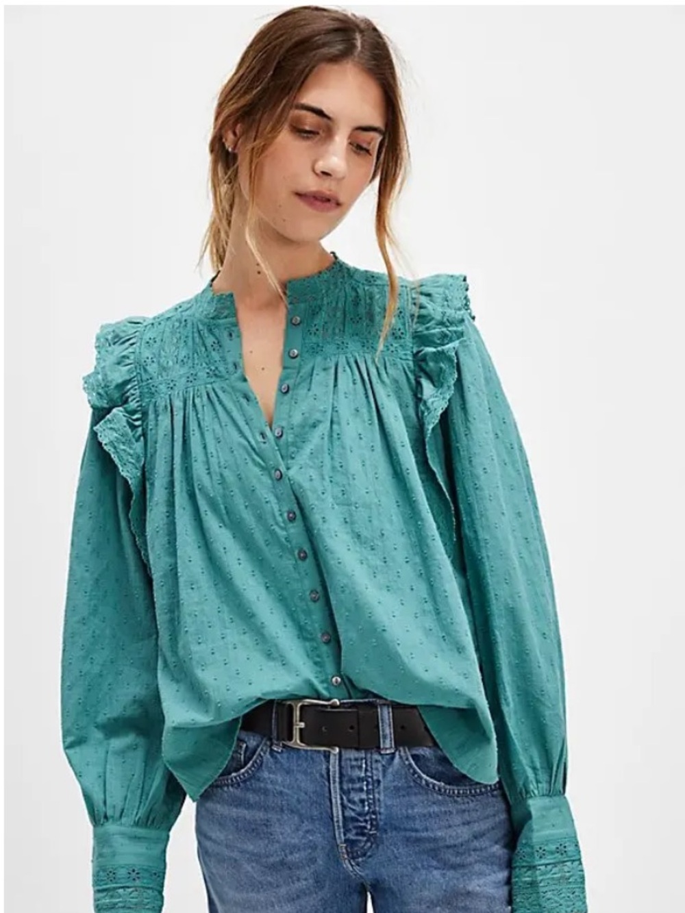 Free People Teal Button-Front Eyelet Blouse